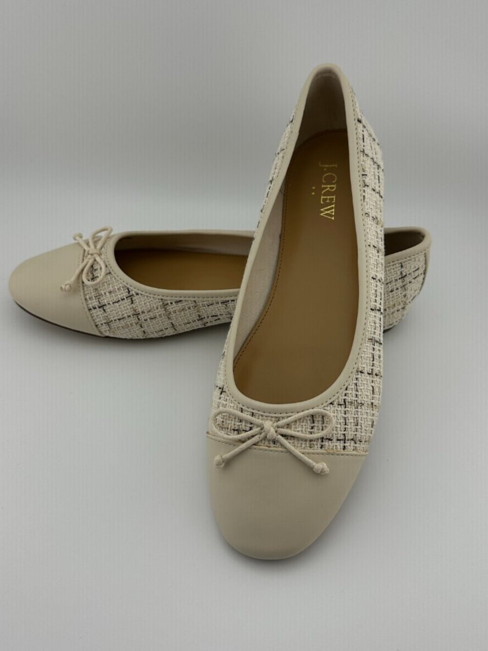 J. CREW TWEED BALLET FLATS NATURAL IVORY CREAM BOW SLIP ON WOMEN'S SHOE SIZE 7,5 - Picture 2 of 12